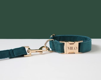 Teal Sgraved Hundehalsband und Leinen Set, luxuriöses dickes Samt Welpen Halsband, kostenloser personalisierter Name graviert, kundenspezifisches Hundehalsband für Jungen Hund