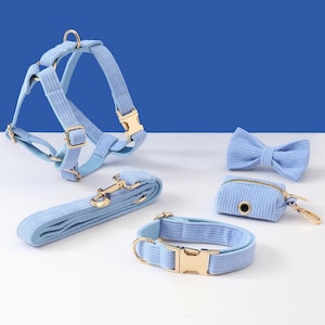 Personalized Dog Harness and Leash Set, Light Blue Corduroy Velvet Dog Harness Collar Bow tie Poo Bag Holder,No Pull Harness for Boy Puppy