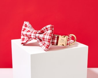 Red Plaid Dog Collar and Bow tie Leash Set, Personalised Dog Collar, Custom Dog Collar Bow, Personalized Dog Collar, Small Puppy Collar