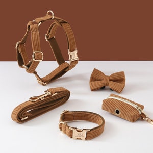 Brown Corduroy Dog Harness Leash Personalised Collar Set, Boy Dog Collar and Harness,No Pull Harness for Boy Puppy and Girl Dog