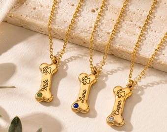 Custom Dog Name Necklace with Birthstone, Personalized Bone Pendant, Pet Memorial Necklace, Dog Mom Gift, Cat Jewelry