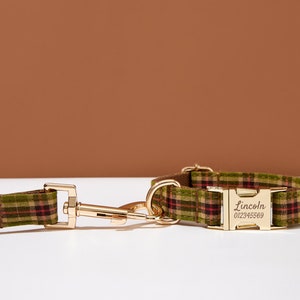 Plaid Personalized Dog Collar with Bow, Engraved Dog Collar and Leash Bow tie Set For Boy Dog, Green Plaid Dog Collar image 6