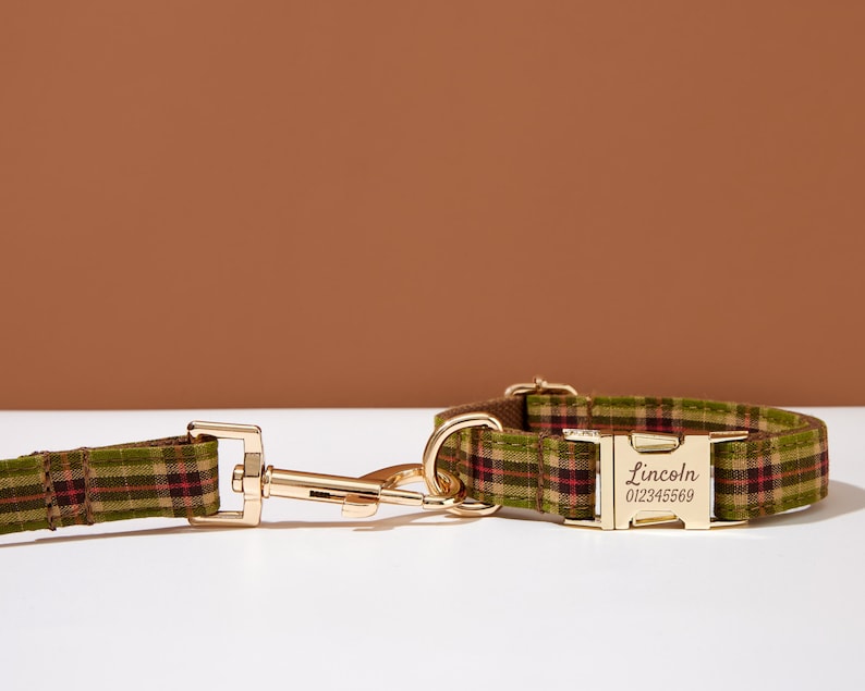 Plaid Personalized Dog Collar with Bow, Engraved Dog Collar and Leash Bow tie Set For Boy Dog, Green Plaid Dog Collar image 6