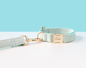 Personalized Blue Dog Collar and Leash, Dog Collar and Lead,Custom Dog Collar with Name,Thick Velvet Collar, Wedding Dog Collar, Dog Gift