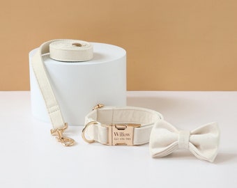 White Dog Collar with Engraved Name, Personalised Collar with Name on Gold Buckle, Thick Soft Velvet for Wedding Gift