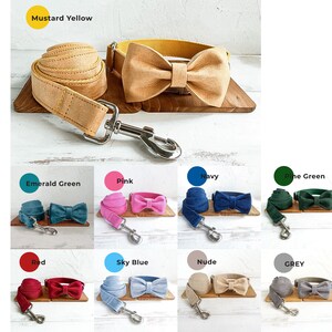 May include: A set of dog collars and leashes in various colors, including mustard yellow, emerald green, pink, navy, pine green, red, sky blue, nude, and grey. Each set includes a matching collar and leash with a bow tie.