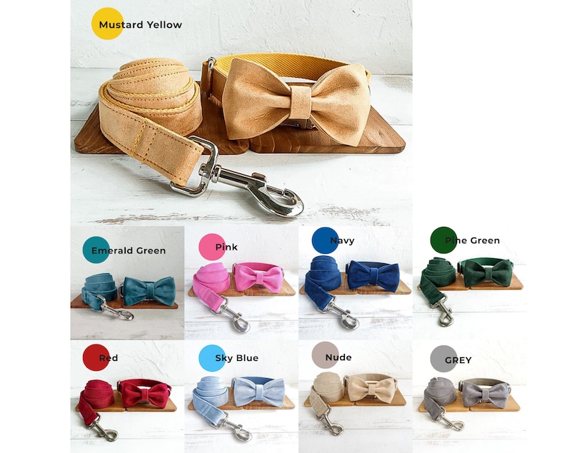 May include: A set of dog collars and leashes in various colors, including mustard yellow, emerald green, pink, navy, pine green, red, sky blue, nude, and grey. Each set includes a matching collar and leash with a bow tie.