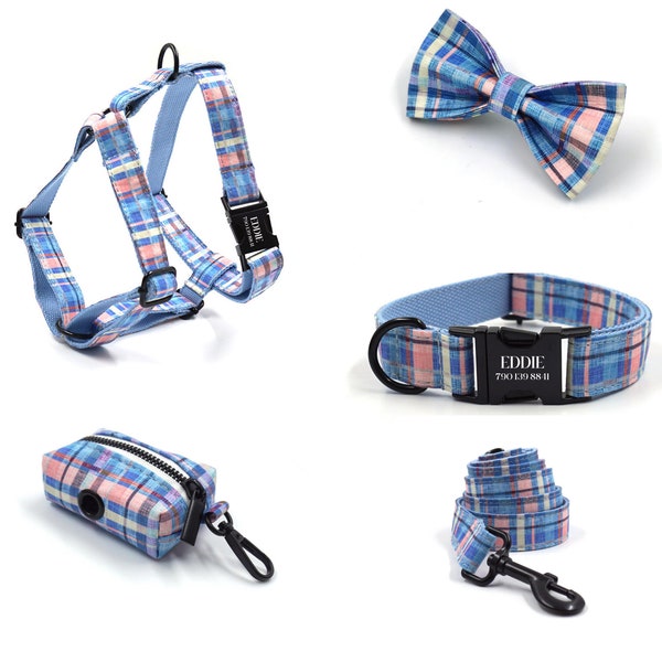 Personalized Step in Dog Harness and Leash Set, Plaid Custom Harness Collar Bowtie Poo Bag Holder, No Pull Harness for Boy Puppy Dog