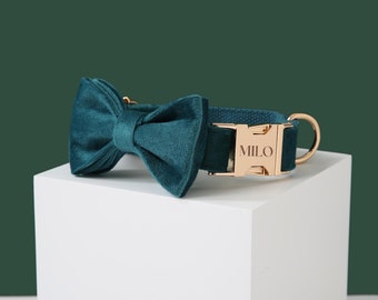 Teal Dog Collar Bowtie and Leash Set, Luxury Thick Velvet Puppy Collar, Free Personalized Name Engraved, Custom Dog Collar For Boy Dog