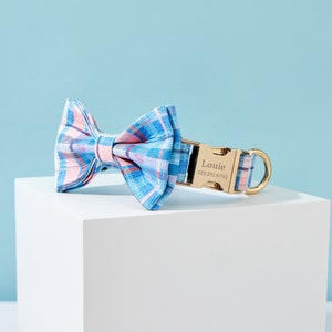 Blue Plaid Dog Collar and Bow tie Set, Dog Collar Plaid, Custom NamePlate Dog Collar Leash, Personalized Dog Collar for Small Puppy Dog