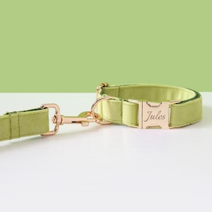 Engraved Green Velvet Dog Collar and Leash Set, Custom Dog Collar,Designer Dog Collar With Name,Thick Velvet Collar, Dog Lover Gift