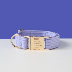 Lilac Dog Collar and Leash Bow Tie Set, Personalised Dog Collar with Name,Custom Boy Puppy Collar and Lead for Girl Dog