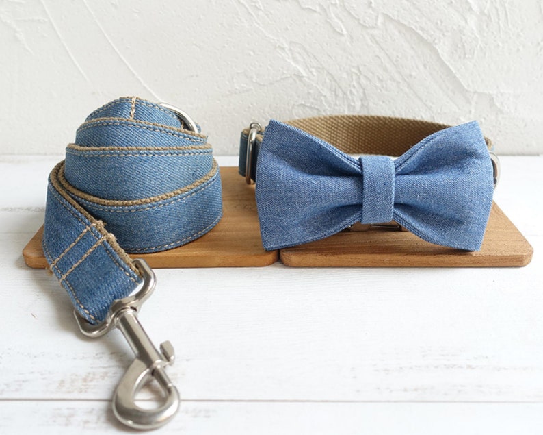 Denim Dog Collar With Bow and Lead Set Personlaized Solid Etsy