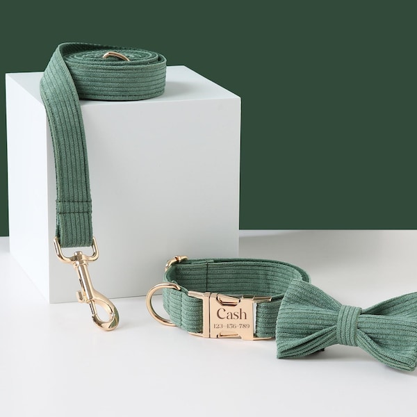 Green Corduroy Dog Collar and Lead Set with Bow tie,Personalised Wedding Dog outfit, Collar Leash Set for Puppies, Custom Engraved Pet Name