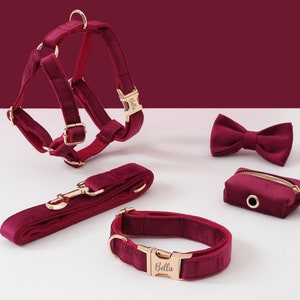 Burgundy Dog Collar Harness Set, Burgundy Personalised Collar,Puppy Harness for Male and Girl Dog,Dog Harness and Lead Collar Poo Bag Holder