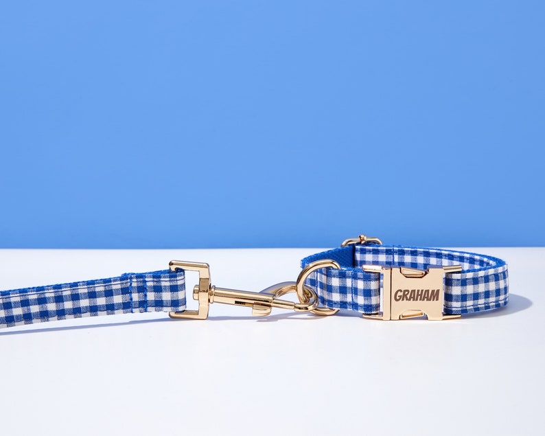 Puede incluir: Conjunto de collar y correa para perro de gingham azul y blanco con una hebilla dorada grabada con el nombre "GRAHAM".