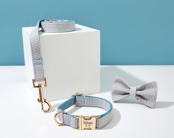 Blauwe pastel gepersonaliseerde hondenhalsband vlinderdas, hondenhalsband voor jongenshond, bruiloft hondenhalsband, puppyhalsband en strik, VK gratis verzending