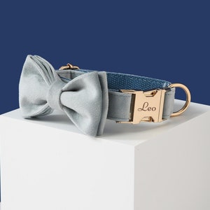 Dusty Blue Dog Bow tie Collar Set, Dog Collar and Lead, Large Dog Small Puppy, Thick Velvet Collar,Wedding Dog Collar, Dog Lover Gift UK
