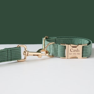 Green Dog Collar and Leash Set, Personalised Corduroy Dog Collar for Boy Dog, Wedding Dog Collar,Puppy Collar and Lead Bow, UK Free Shipping