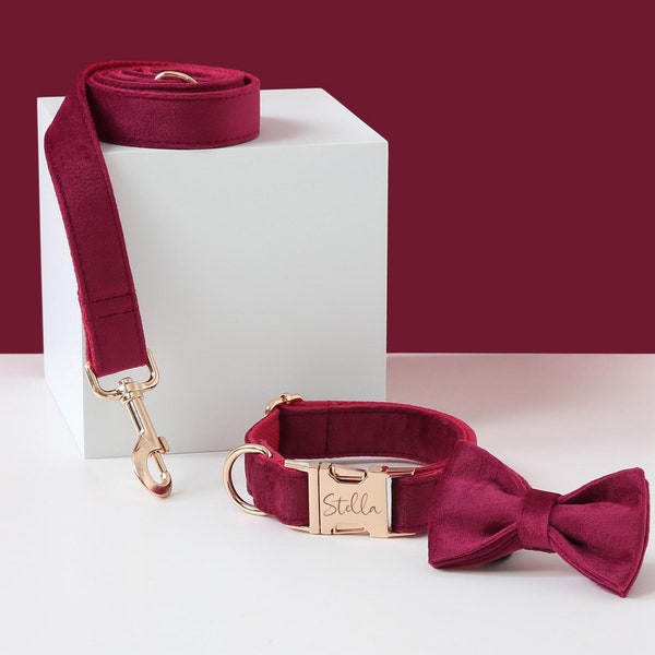 Burgundy Dog Collar and Leash Bow Tie set, Personalised Collar With Dog's Name on Gold Buckle, Thick Soft Velvet for Wedding Gift