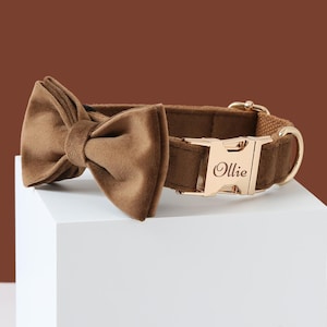 Brown Velvet Bow tie Dog Collar Set, Personalised Dog Collar with Name,Custom Boy Puppy Collar and Lead for Girl Dog
