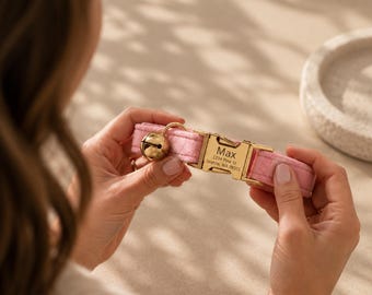 Personalized Pink Velvet Cat Collar with Custom Engraved Buckle,Gifts for Pet Mom
