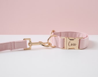 Baby Pink Dog Collar and Lead,Velvet Collar, Custom Dog Collar, Personalized Collar, Small Dog Collar,Puppy Collar Girl Dog Collar and Leash