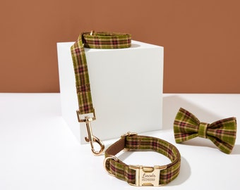Conjunto de correa de collar de perro personalizado a cuadros verdes, collar de perro de tartán para perro niño, collar de perro de boda, collar de cachorro y lazo de plomo, Reino Unido envío gratis