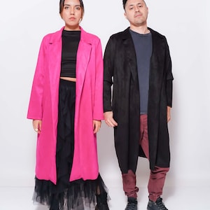 Magenta Lightweight Long Faux Suede Coat with Collar and Side Pockets Travel Coat Unisex Duster