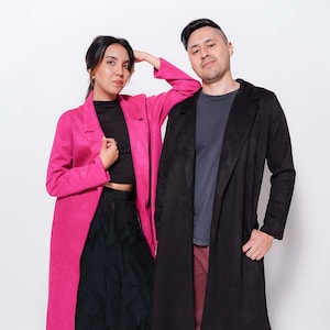 Black Unisex Lightweight Long Faux Suede Coat with Side Pockets Travel Coat Duster