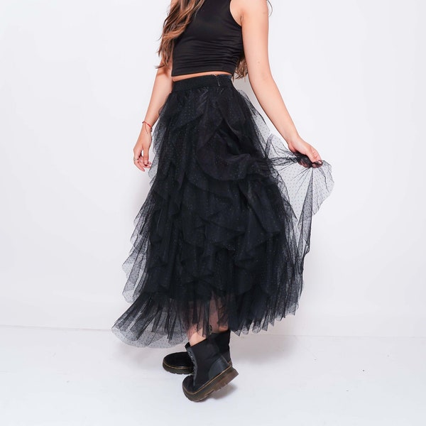 Black Tulle Skirt Multi Layers Flared Skirt Satin Lined Gothic Princess