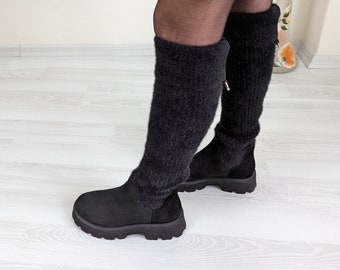 Bottes en daim noires à plateforme en tricot de laine à revers