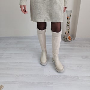 Ivory Leather Boot Cuffed Knit Wool Top Boot Platform Boots