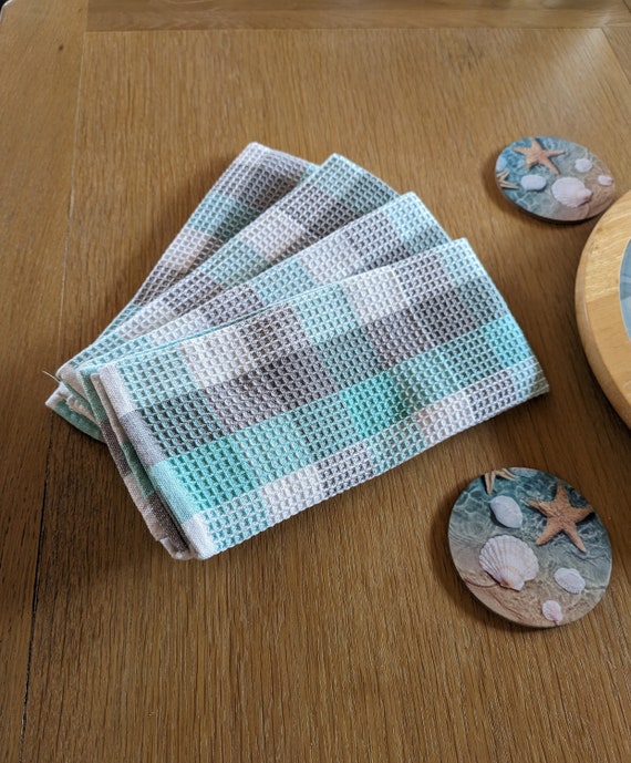 Kitchen Tea Towels Set of 4 Waffle Weave Aqua Grey White Plaid 