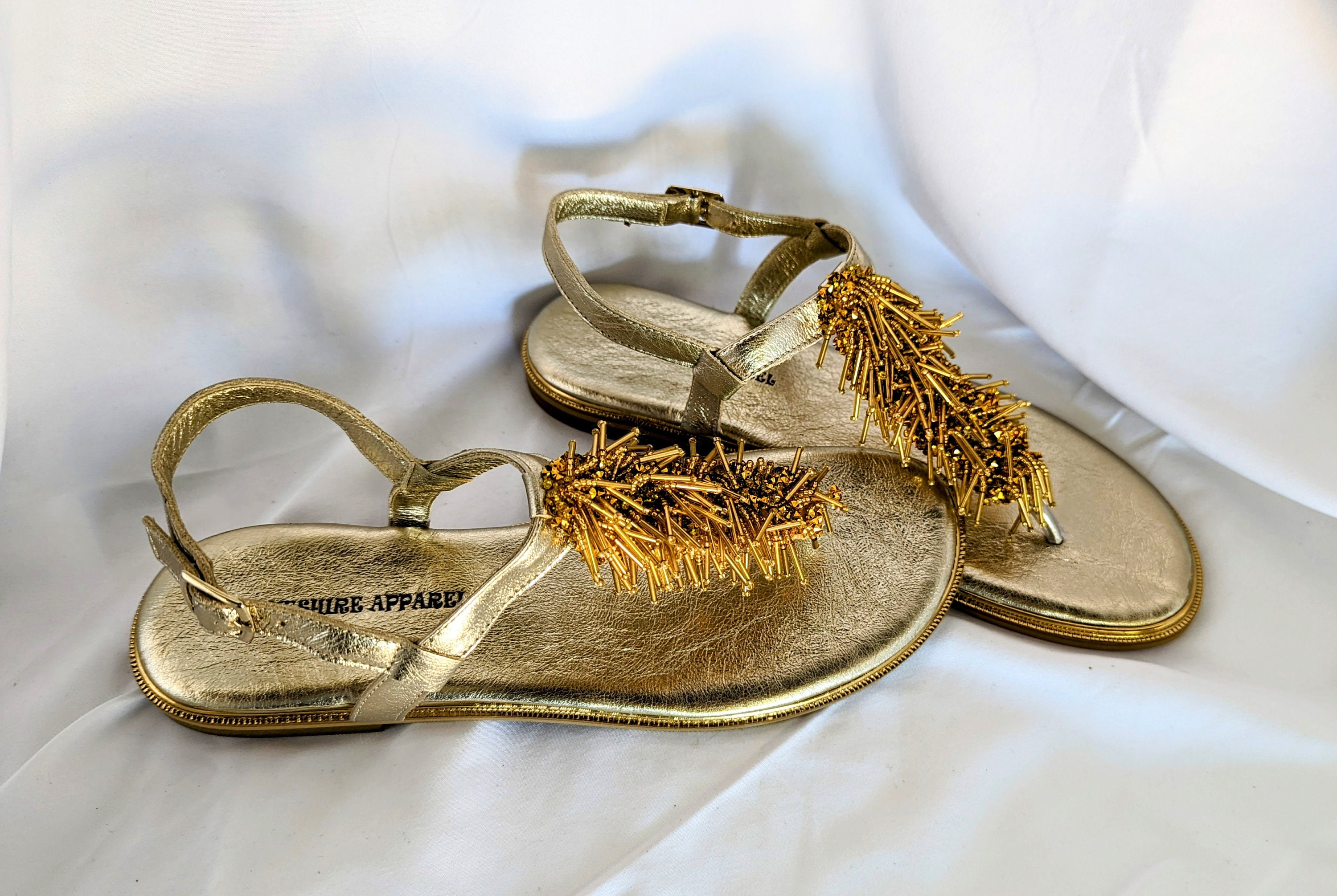 Gold Leather Sandal with Gold Beaded Decoration Buckle Closure Summer Cruise Sandal Handmade