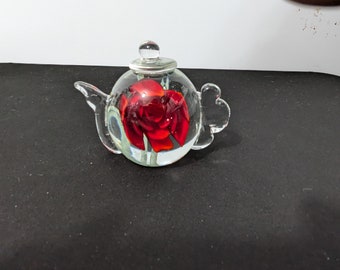 Red Tulip in a Teapot Form Paperweight