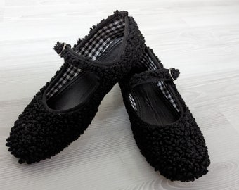 Black Wooly Shoes Faux Lamb Wool Mary Jane Shoes Silver Buckle