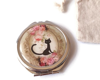 Miroir de poche avec un chat noir, thème romantique