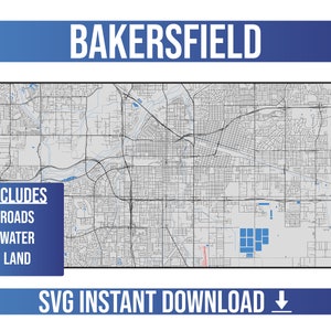 Mapa de calles de Bakersfield SVG Vector / Bakersfield, California, Estados Unidos / Full Vector Street Map / Instant SVG Download