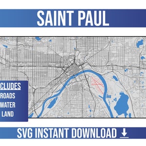 May include: A detailed black and white map of Saint Paul, Minnesota. The map includes roads, water, and land features. The map is labeled "Saint Paul" and "Includes: Roads, Water, Land".