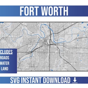 Mapa de calles de Fort Worth SVG Vector / Fort Worth, Texas, Estados Unidos / Mapa de calles vectorial completo / Descarga instantánea de SVG