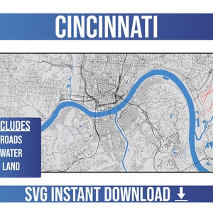 Mapa de calles de Cincinnati SVG Vector / Cincinnati, Ohio, Estados Unidos / Full Vector Street Map / Instant SVG Download