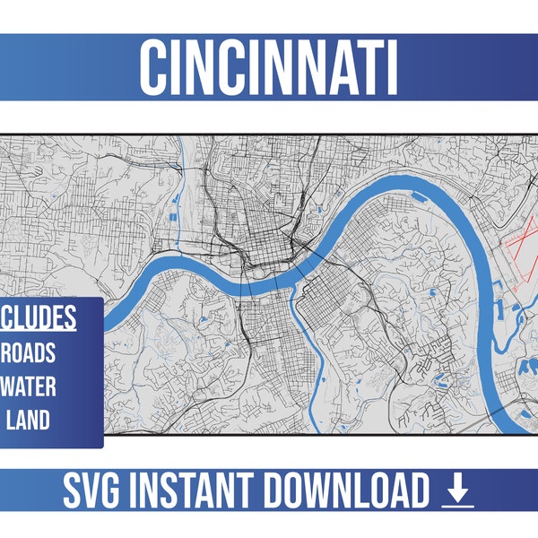 Cincinnati SVG Vector Street Map | Cincinnati, Ohio, United States | Full Vector Street Map | Instant SVG Download