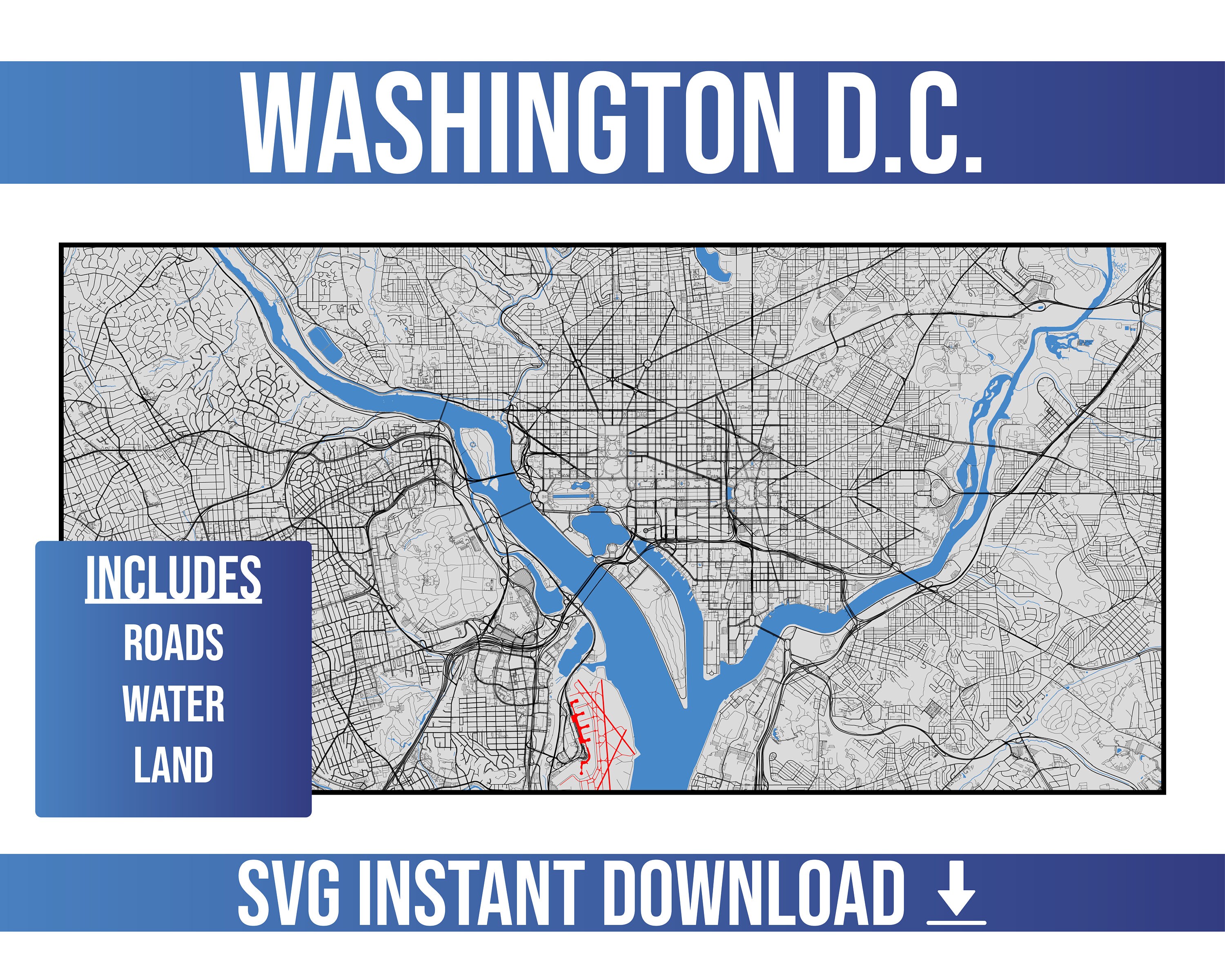 Washington D.C. SVG Vector Street Map | Washington D.C., United States | Full Vector Street Map | Instant SVG Download
