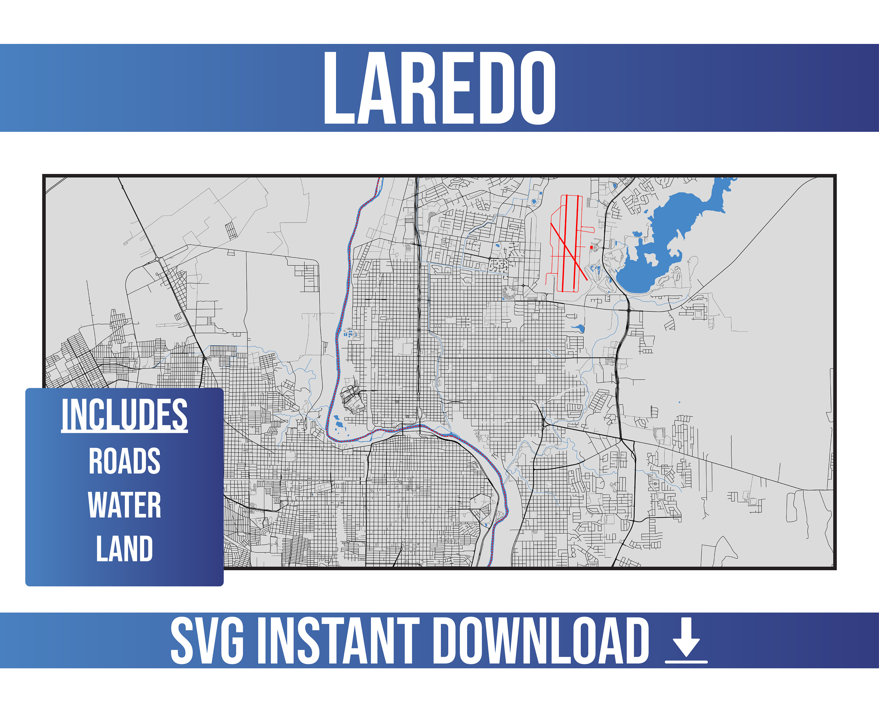 Mapa de calles de Laredo SVG Vector / Laredo, Texas, Estados Unidos / Full Vector Street Map