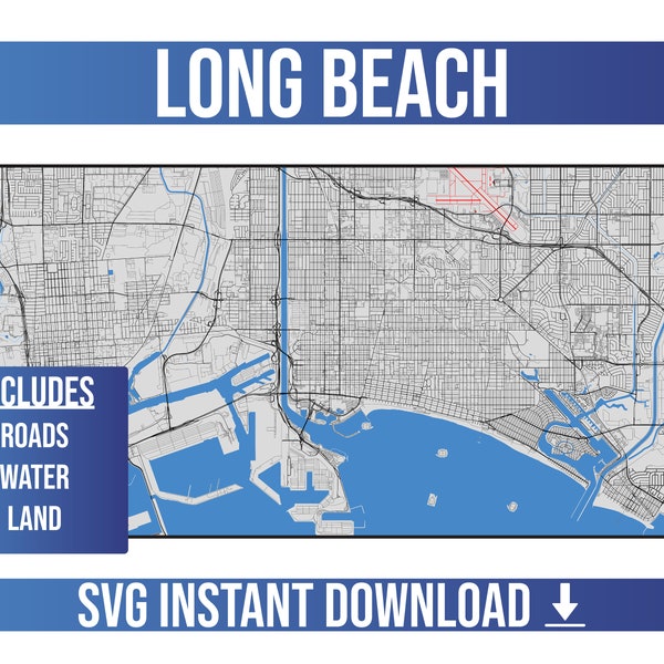 Long Beach SVG Vector Street Map | Long Beach, California, United States | Full Vector Street Map | Instant SVG Download