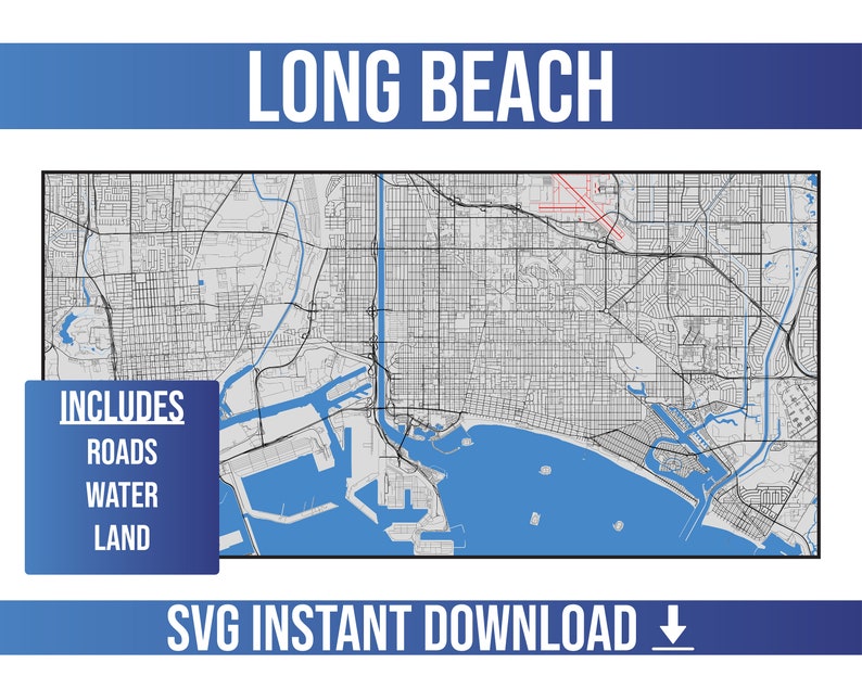 Long Beach SVG Vector Street Map Long Beach, California, United States