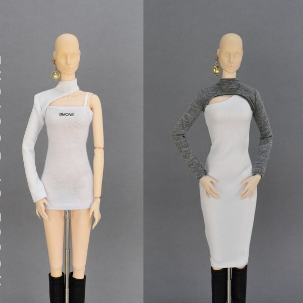 Douture Fashion Doll BJD 11-13" Deconstructed Cut out dresses Grey and White.