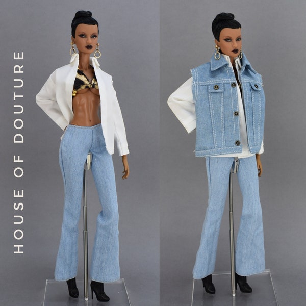 Douture Fashion Doll BJD 11-13" Poupée Veste en jean sans manches Bootcut Jeans évasés