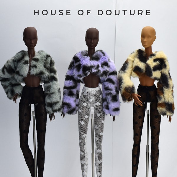 Douture Fashion Doll Royalty BJD 11-13" Doll Cropped Large Cat print Faux Fur Coat